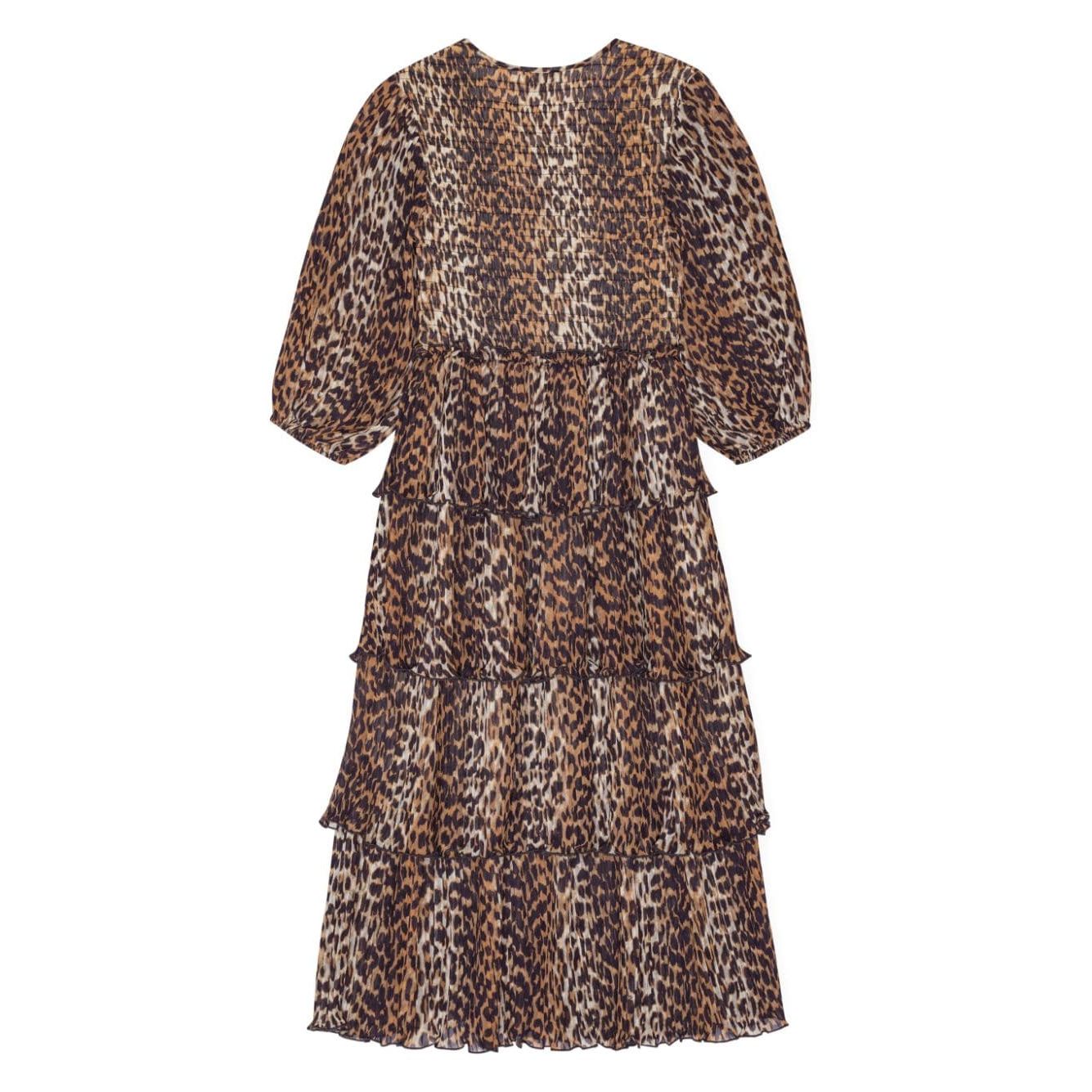 Ganni Leopard Pleated Georgette Flounce Smock Midi Dress