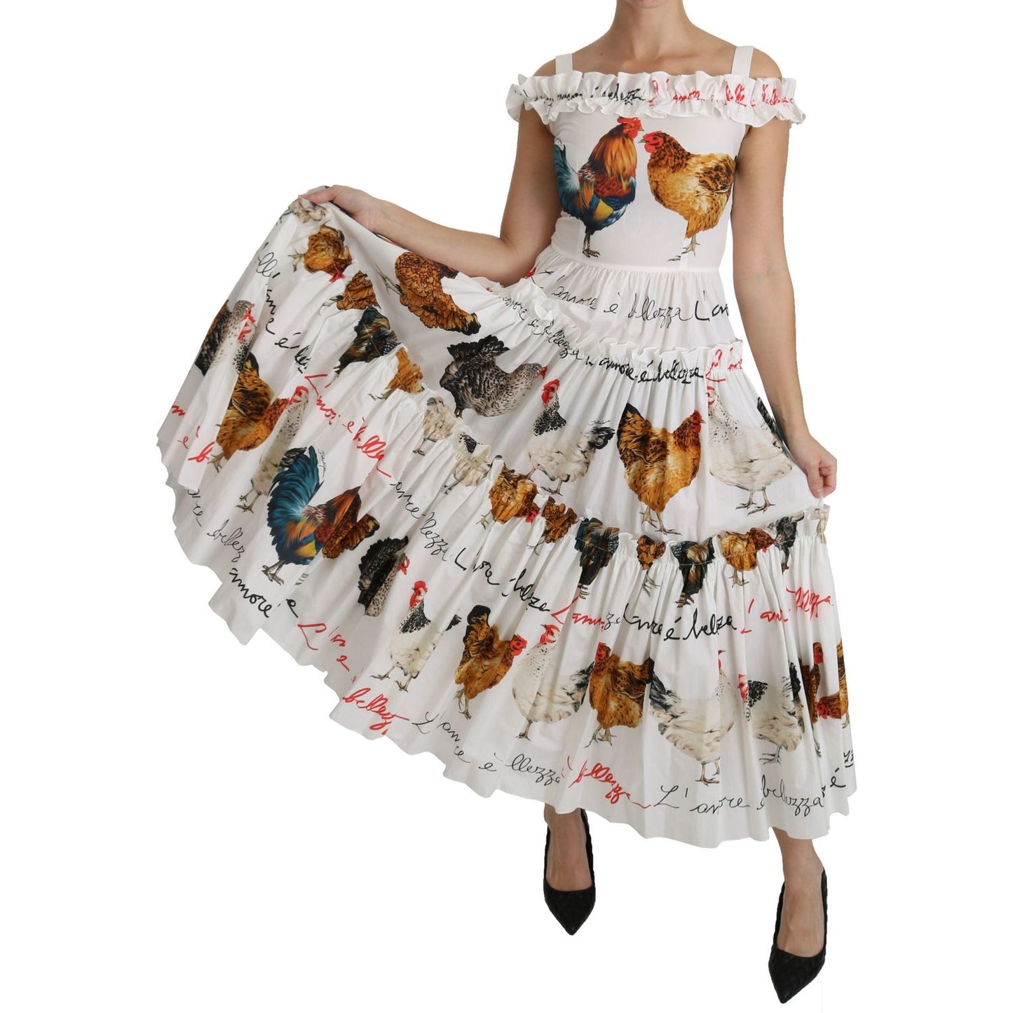 Dolce & Gabbana White Rooster Sheath Midi Cotton Dress
