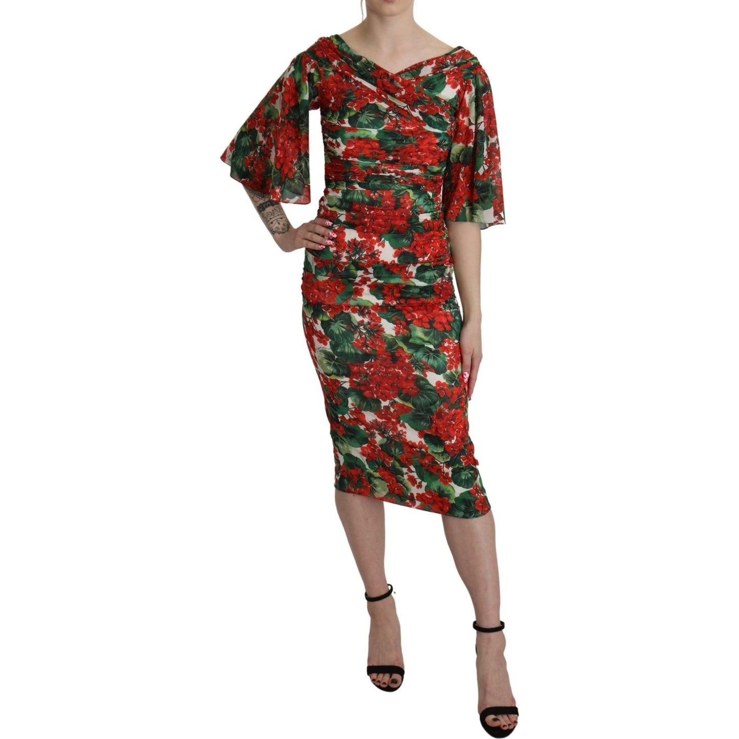 Dolce & Gabbana Red Floral Sheath Midi Silk Stretch Dress