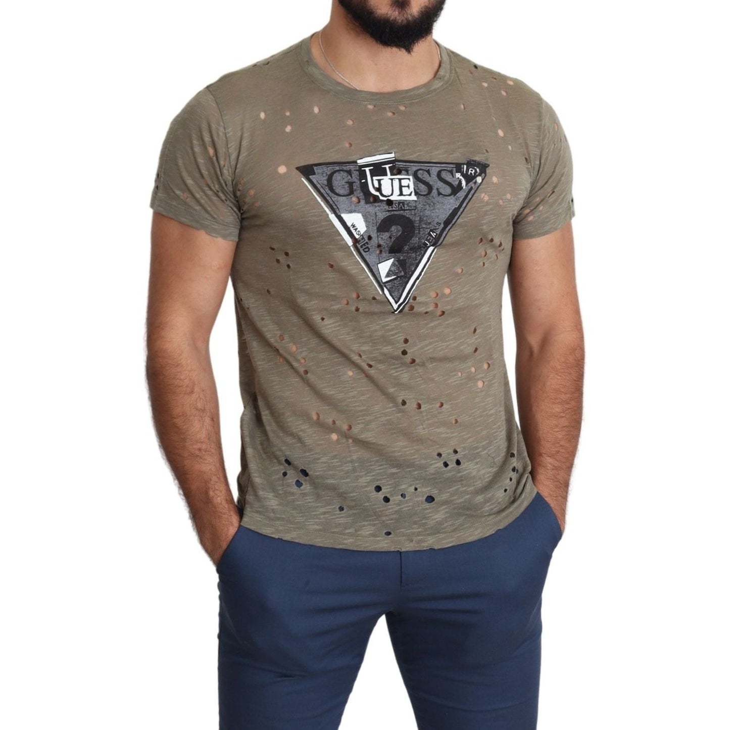 Guess Brown Cotton Stretch Logo Print Men Casual Perforated T-shirt