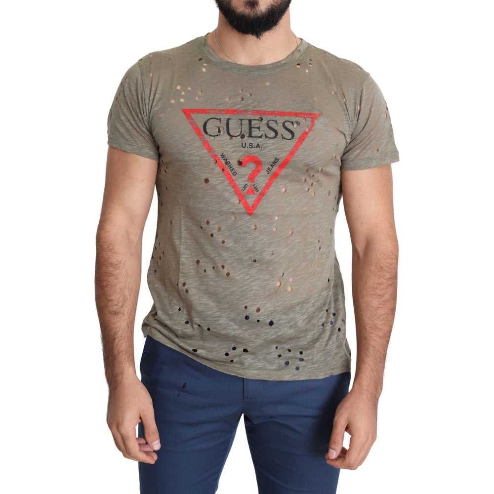 Guess Brown Cotton Stretch Logo Print Men Casual Perforated T-shirt TSH5083-L
