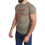 Guess Brown Cotton Stretch Logo Print Men Casual Perforated T-shirt TSH5083-L
