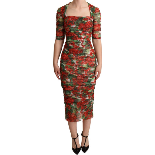 Dolce & Gabbana Red Floral Print Tulle Sheath Midi Dress WOMAN DRESSES
