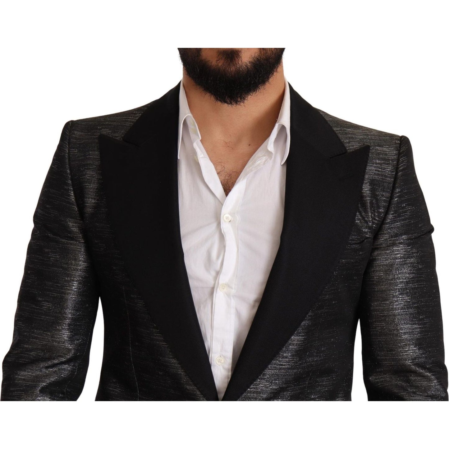 Dolce & Gabbana Gray Metallic Black Slim Tuxedo Blazer