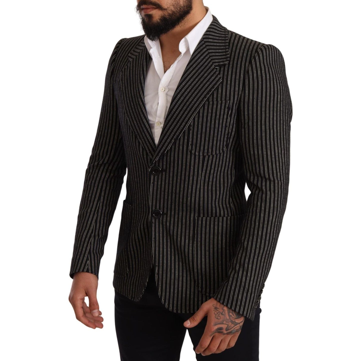 Dolce & Gabbana Black Striped Slim Fit Wool Coat Blazer JKT2849 -48