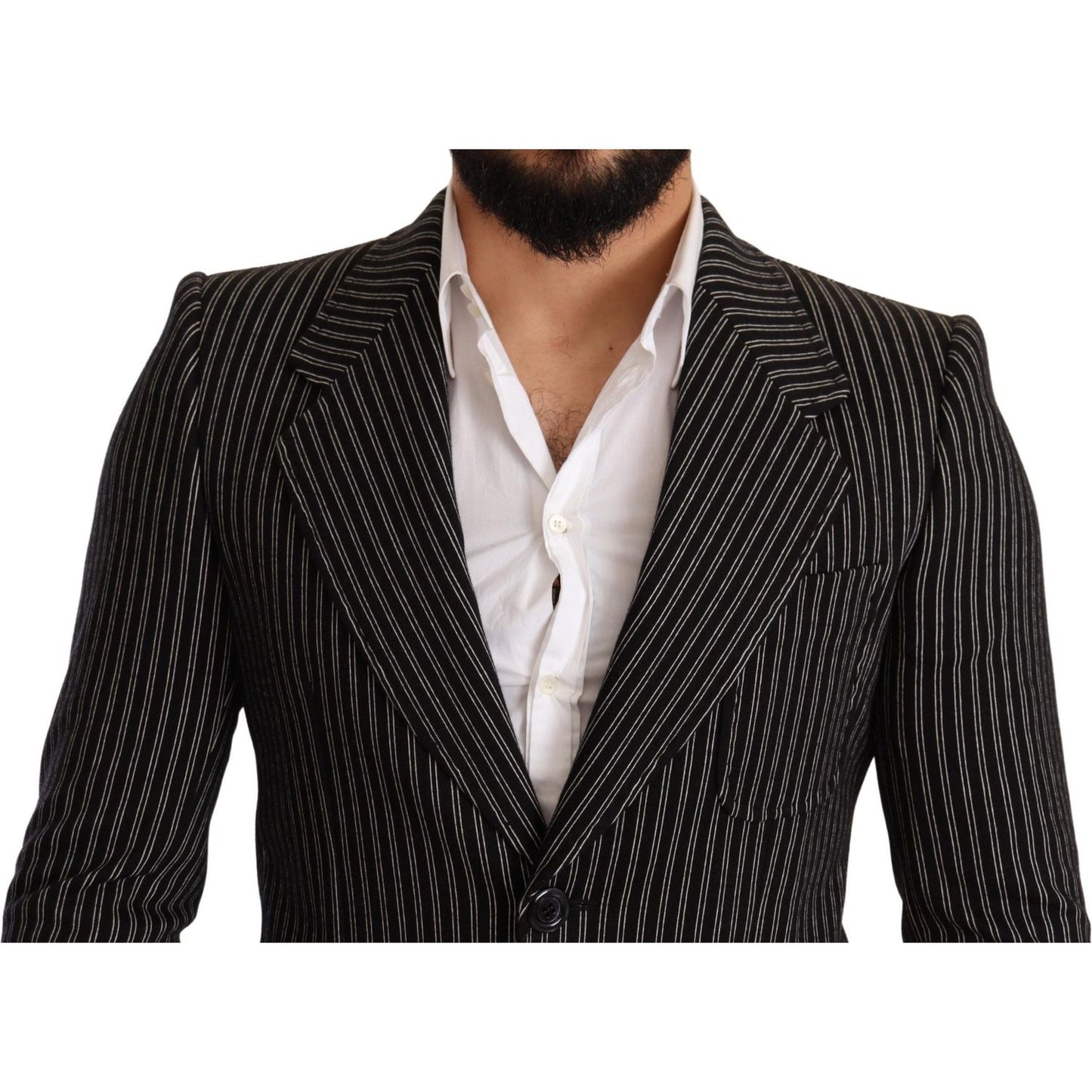 Dolce & Gabbana Black Striped Slim Fit Wool Coat Blazer JKT2849 -48