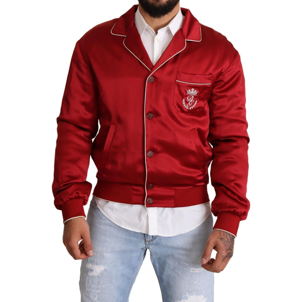 Dolce & Gabbana Red Silk Button DG Logo Bomber Jacket JKT2914 -48