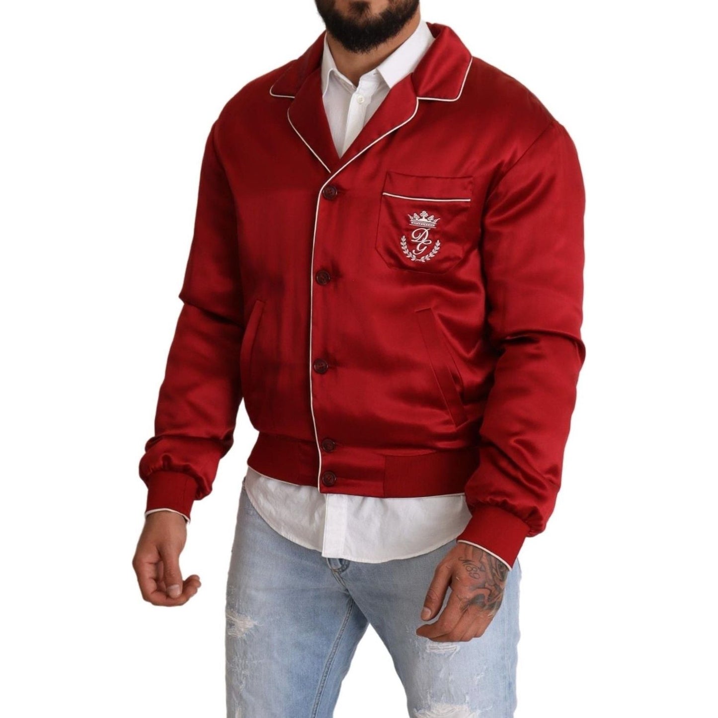 Dolce & Gabbana Red Silk Button DG Logo Bomber Jacket JKT2914 -48