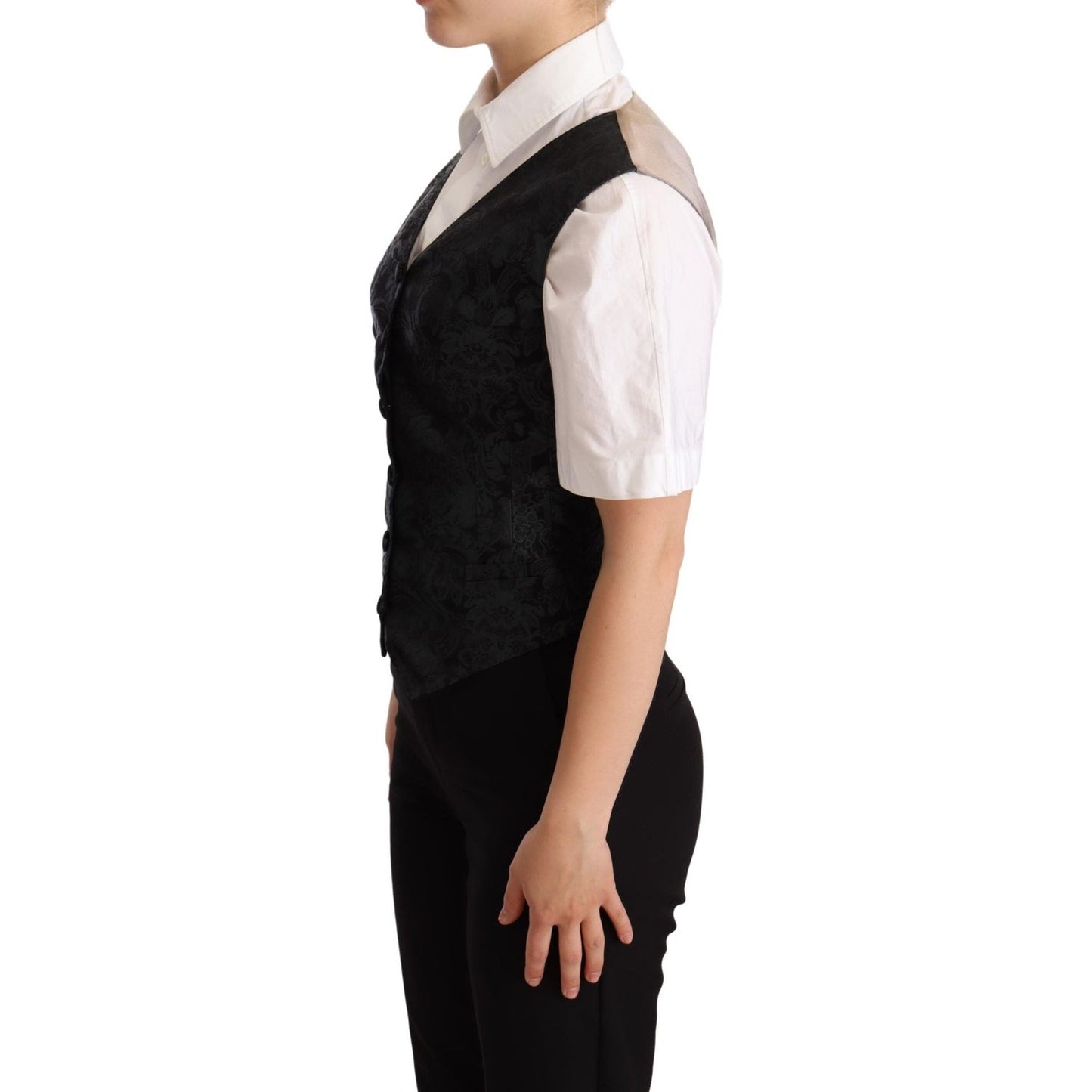 Dolce & Gabbana Black Jacquard Floral Waistcoat Vest Green Vest Jacket