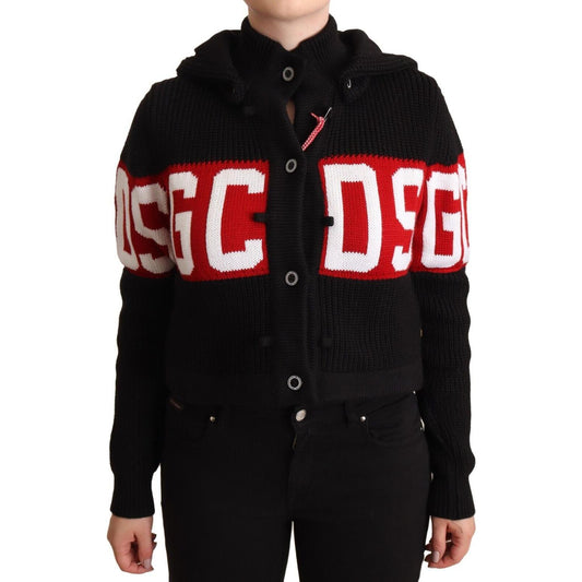 GCDS Black Cashmere Hooded Button Down Logo Cardigan Jacket