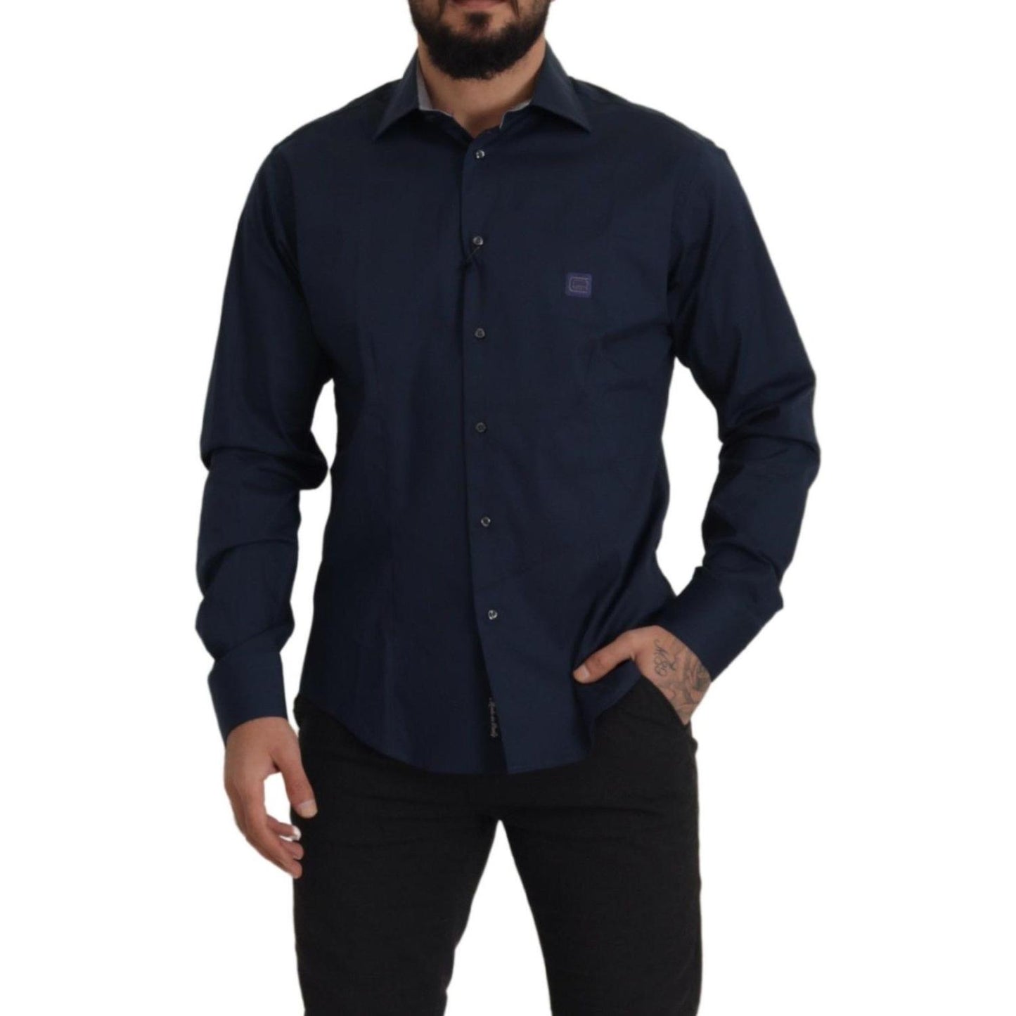 Roberto Cavalli Navy Blue Cotton Dress Formal Shirt