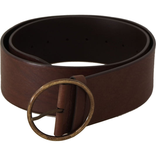 Dolce & Gabbana Brown Leather Wide Waist Logo Metal Round Buckle Belt