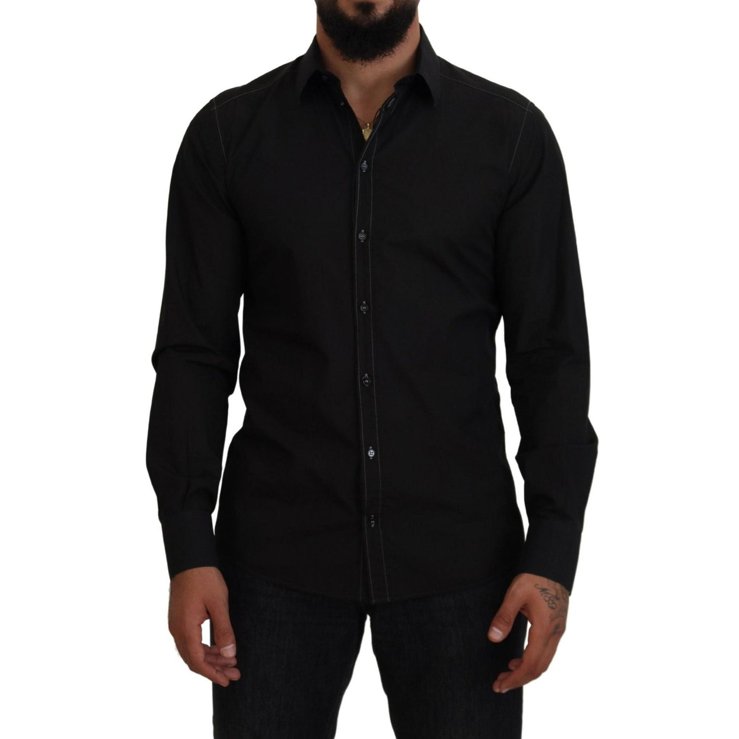 Dolce & Gabbana Black Cotton Collared Long Sleeve GOLD Shirt TSH83816-41