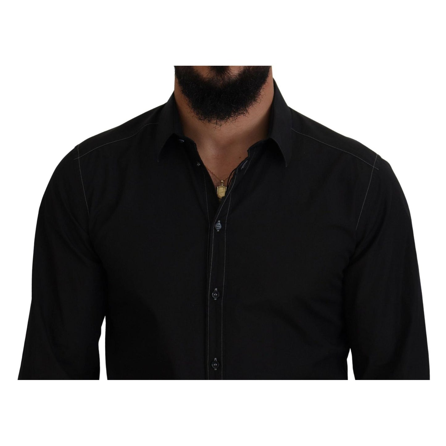 Dolce & Gabbana Black Cotton Collared Long Sleeve GOLD Shirt TSH83816-41