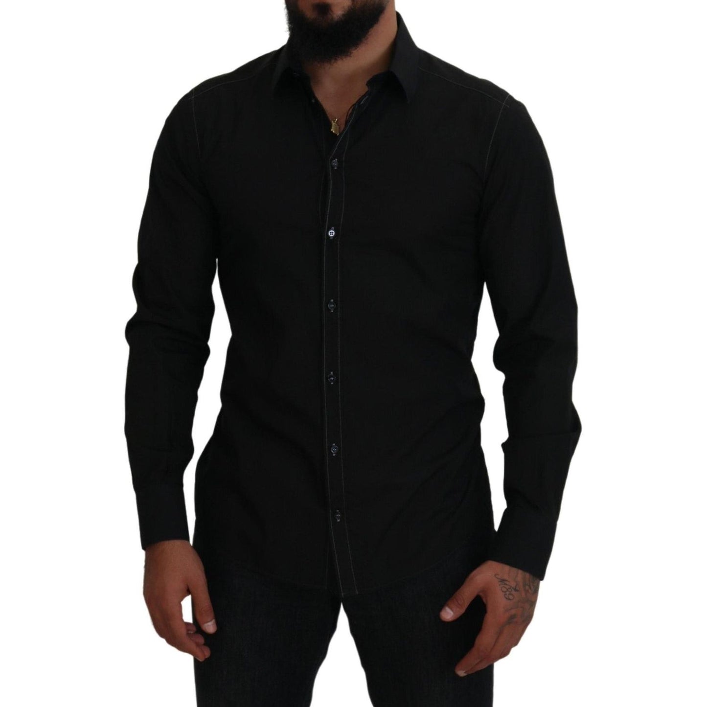 Dolce & Gabbana Black Cotton Collared Long Sleeve GOLD Shirt TSH83816-41