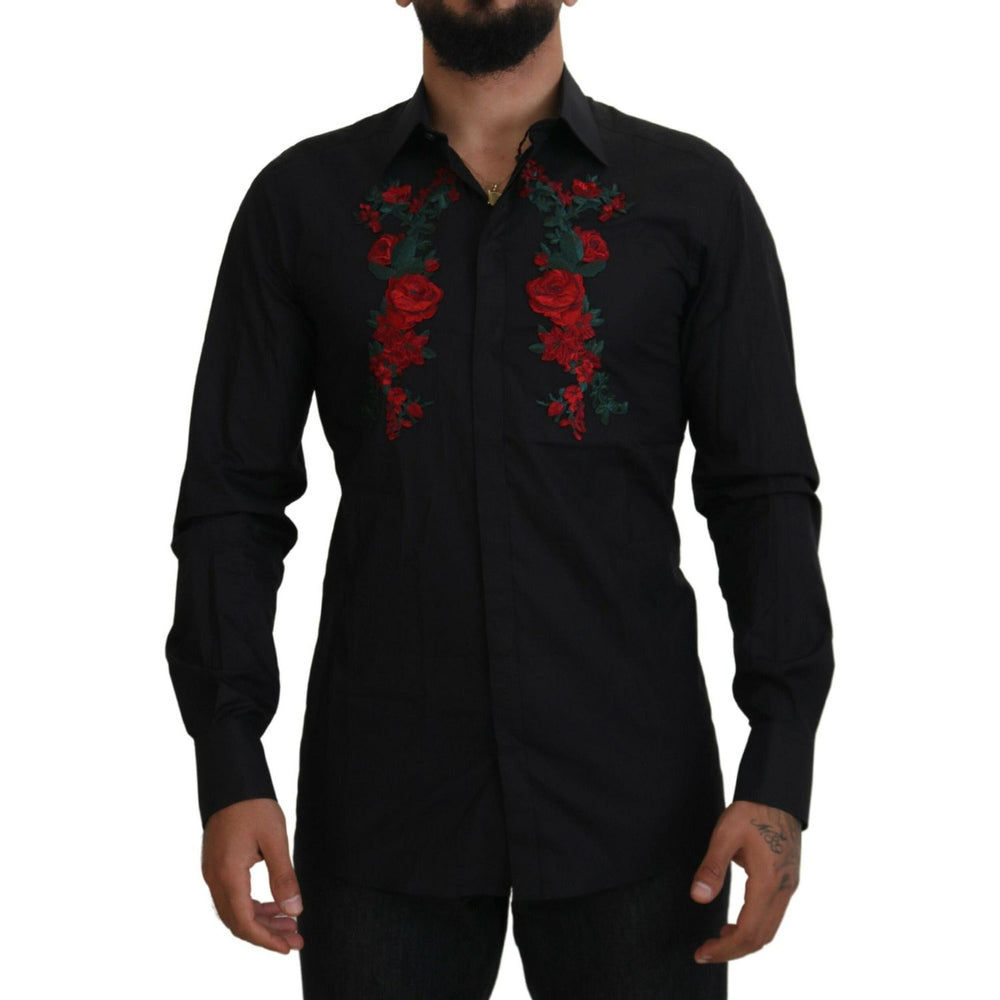 Dolce & Gabbana Black Floral Embroidery Men Long Sleeves GOLD Shirt TSH84058-38