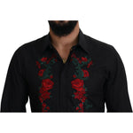 Dolce & Gabbana Black Floral Embroidery Men Long Sleeves GOLD Shirt TSH84058-38