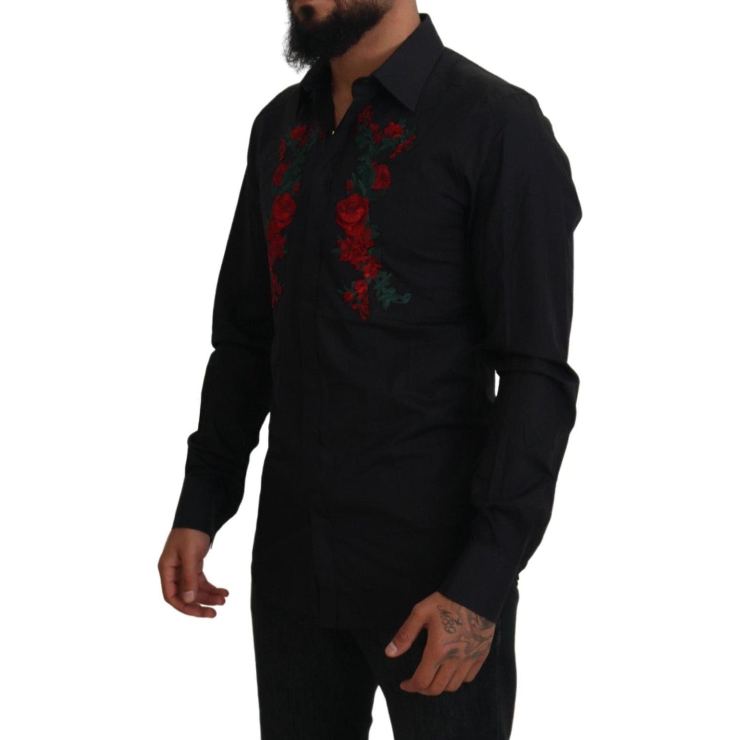 Dolce & Gabbana Black Floral Embroidery Men Long Sleeves GOLD Shirt TSH84058-38