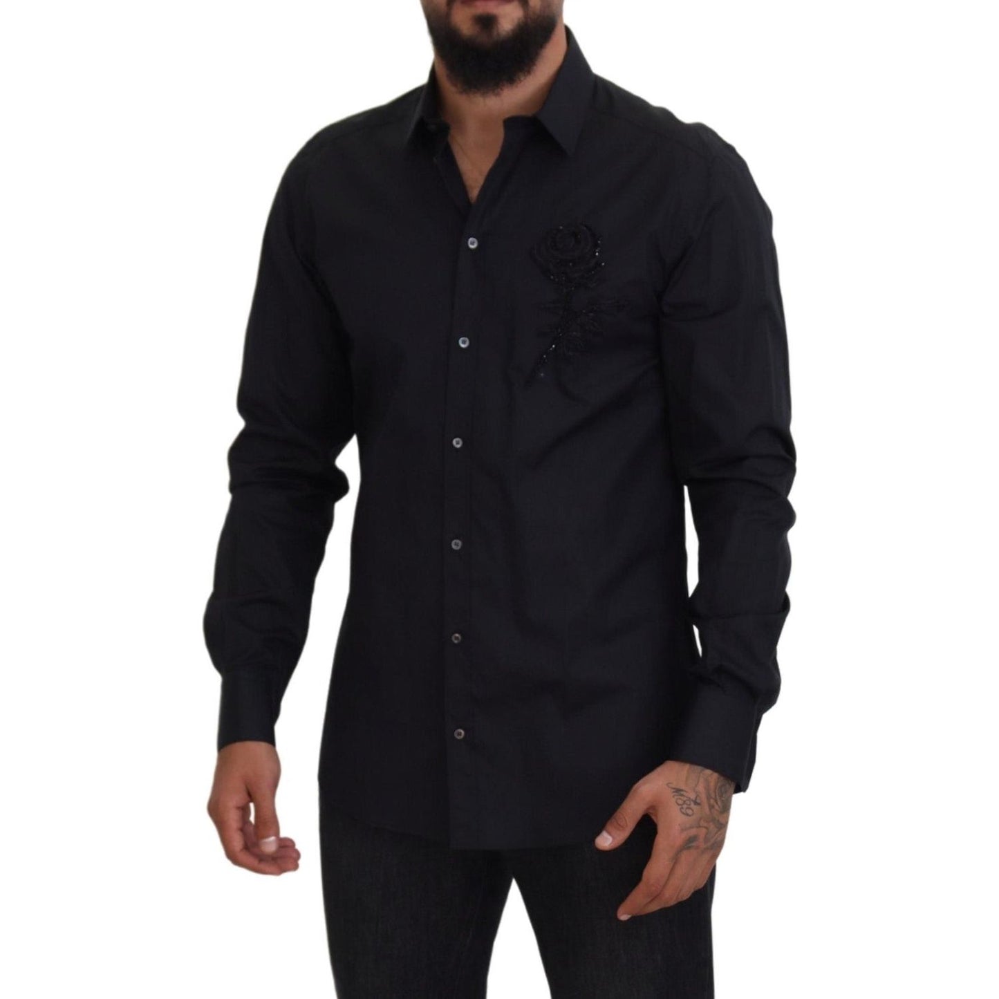 Dolce & Gabbana Black Roses Slim Fit Cotton Shirt TSH83808 -38