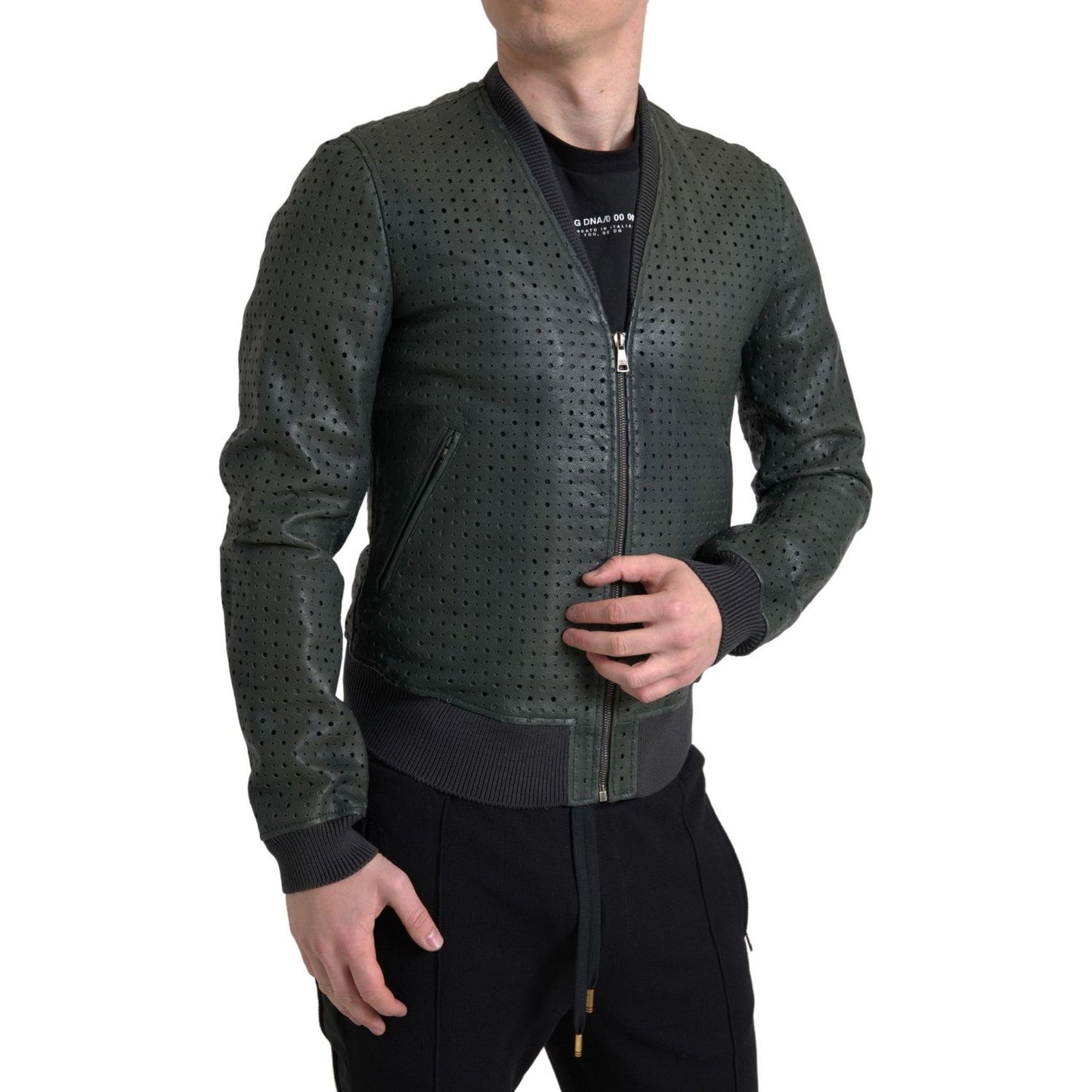Dolce & Gabbana Green Perforated Leather Bomber Jacket JKT3674-44