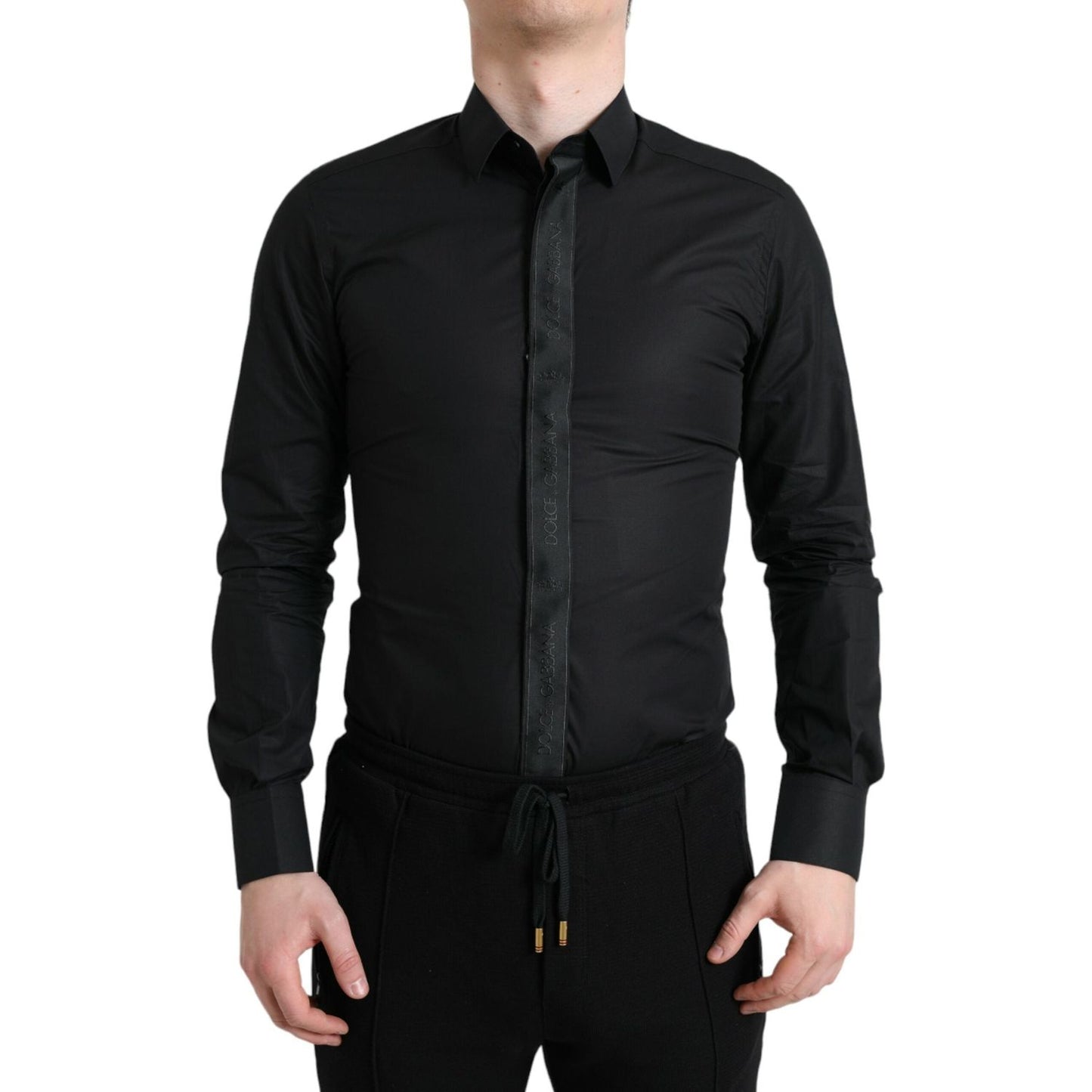 Dolce & Gabbana Black Cotton Logo Formal GOLD Dress Shirt TSH84692-38