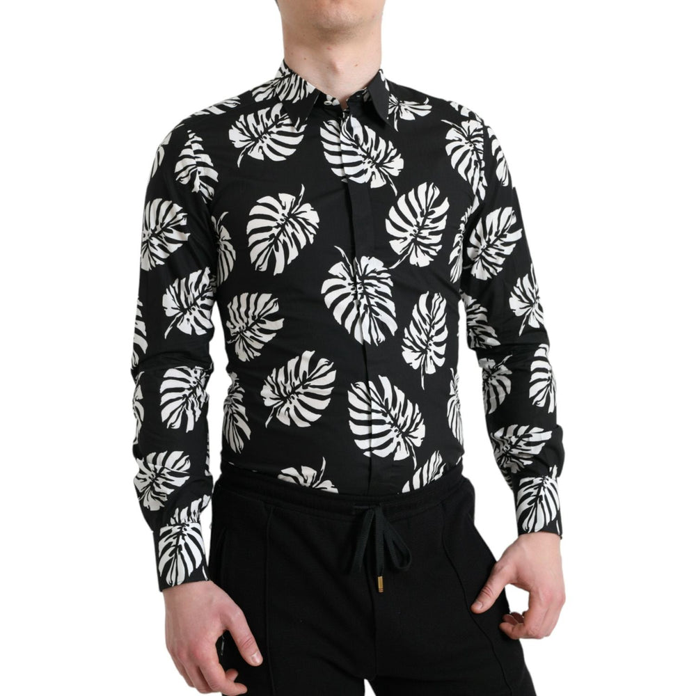 Dolce & Gabbana Black Leaf Cotton Men Formal GOLD Dress Shirt TSH84699-39