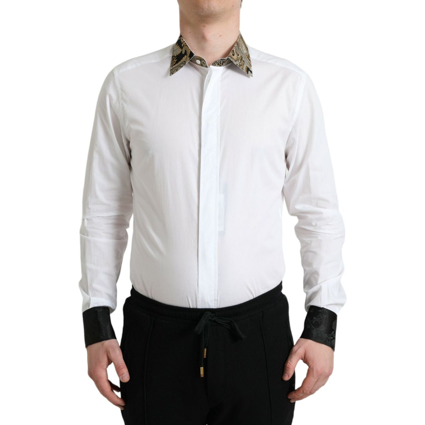 Dolce & Gabbana White Cotton Jacquard Formal GOLD Dress Shirt TSH84705-41
