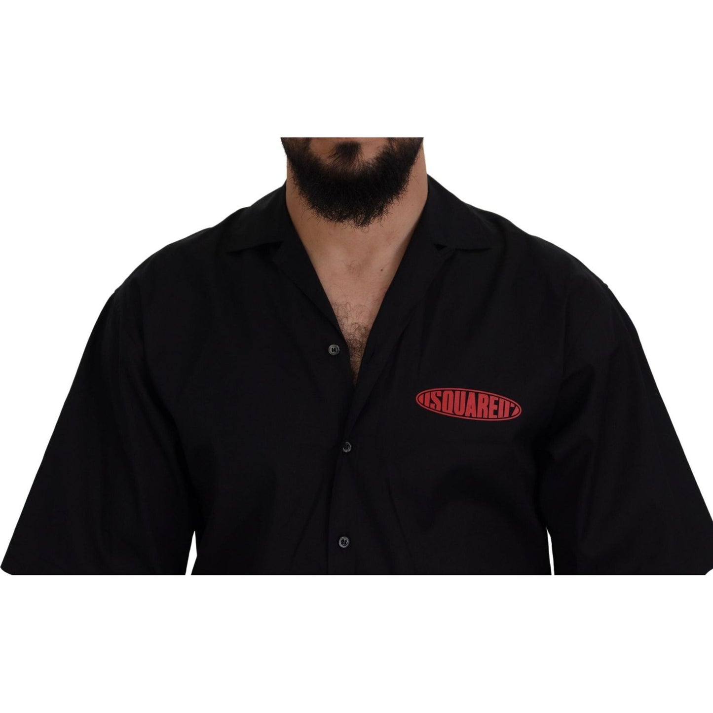 Dsquared² Black Cotton Collared Logo Print Short Sleeve Shirt