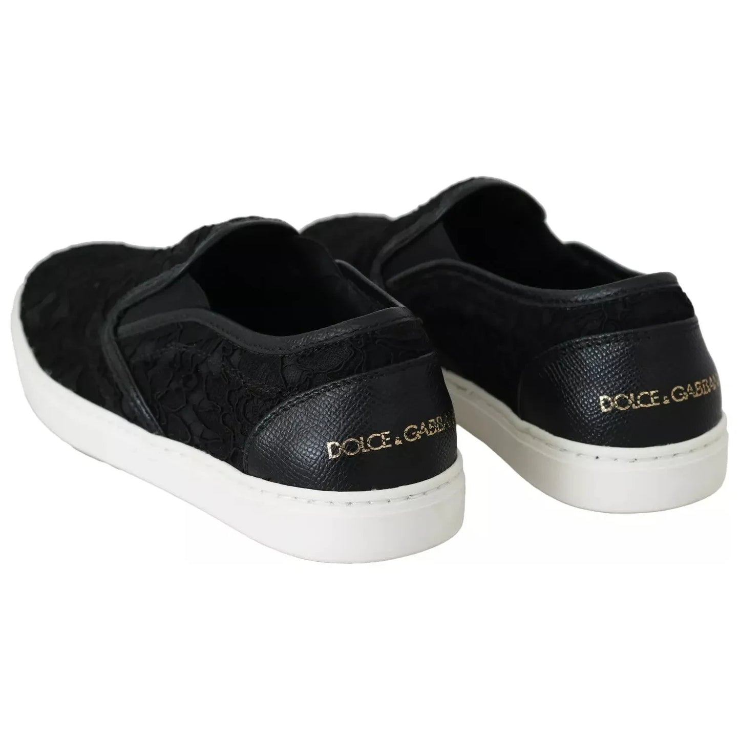 Dolce & Gabbana Black Lace Leather Logo Flat Slip-On Sneakers LA5878