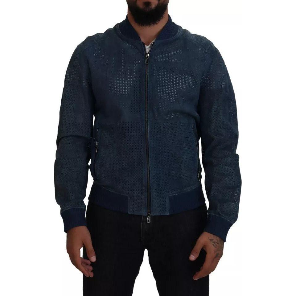 Dolce & Gabbana Blue Leather Perforated Full Zip Jacket JKT3603-50