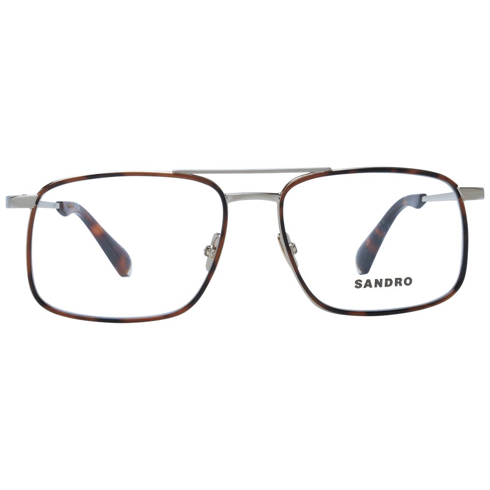 Sandro Brown Men Glasses Frame, full-rim aviator style made of metal, featuring demo plastic lenses with a brown frame.