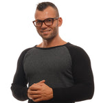 A man wearing Ermenegildo Zegna Brown Men Glasses Frame with full-rim trapezium style and brown acetate frame.
