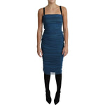 Dolce & Gabbana Blue Draped Tulle Midi Sheath Cotton Dress DR2704-42