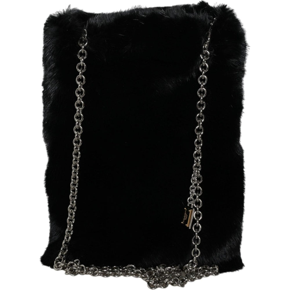 Dolce & Gabbana Black Faux Fur Silver Chain Crossbody Shoulder Purse Bag BAG1586