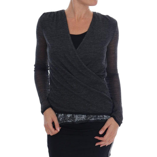 Ermanno Scervino Gray Wool Lace Top Long Sleeved T-shirt