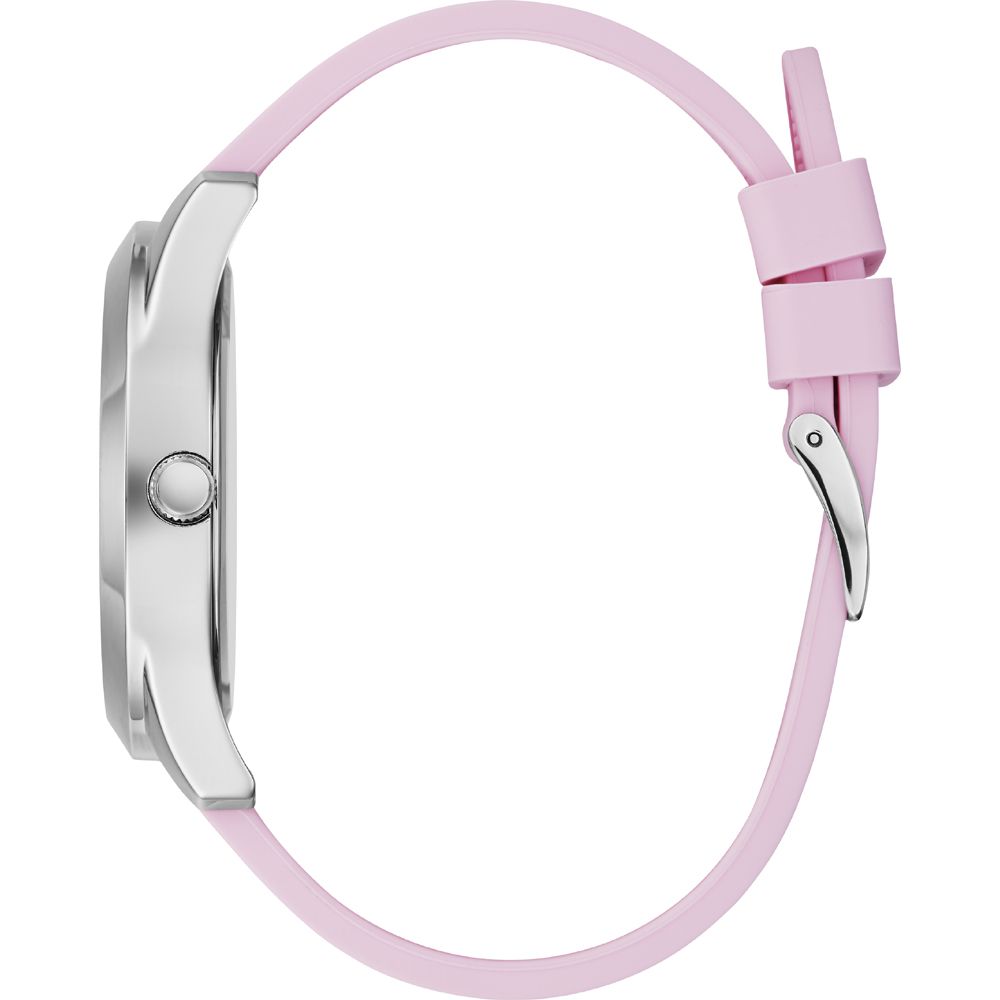Side view of Guess Multicolor Rubber Dress Watch with pink rubber bracelet and stainless steel case.