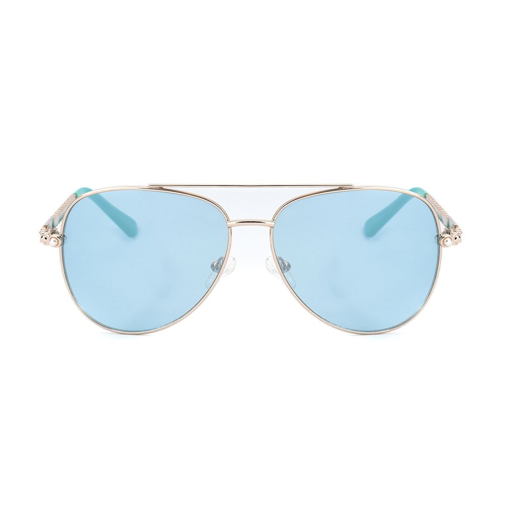 Guess Gold Metal Sunglasses with blue lenses, model GF0356-5932V, featuring 59/13/135mm measurements ideal for women.