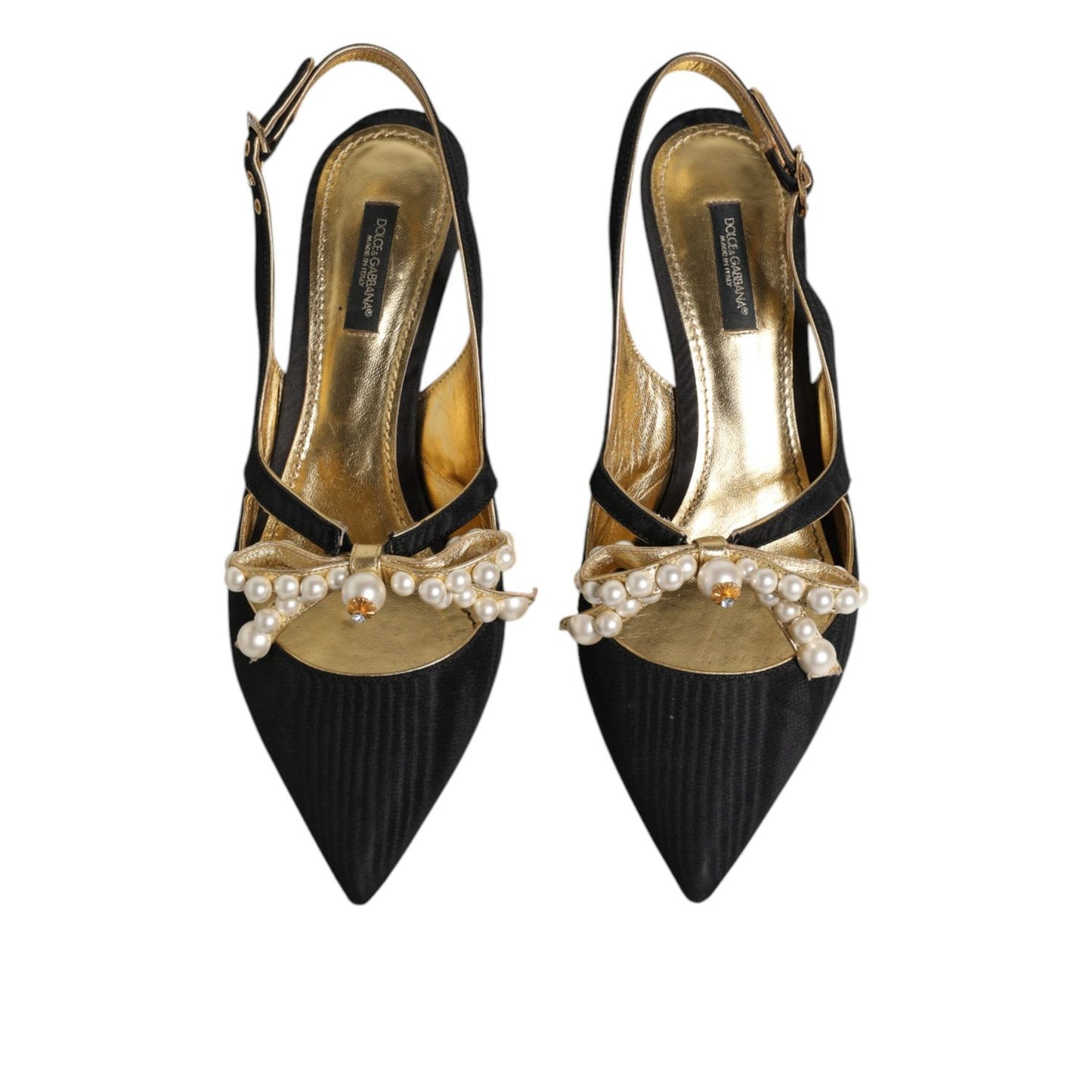 Dolce & Gabbana Black Leather Faux Pearls Slingbacks Shoes