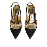Dolce & Gabbana Black Leather Faux Pearls Slingbacks Shoes