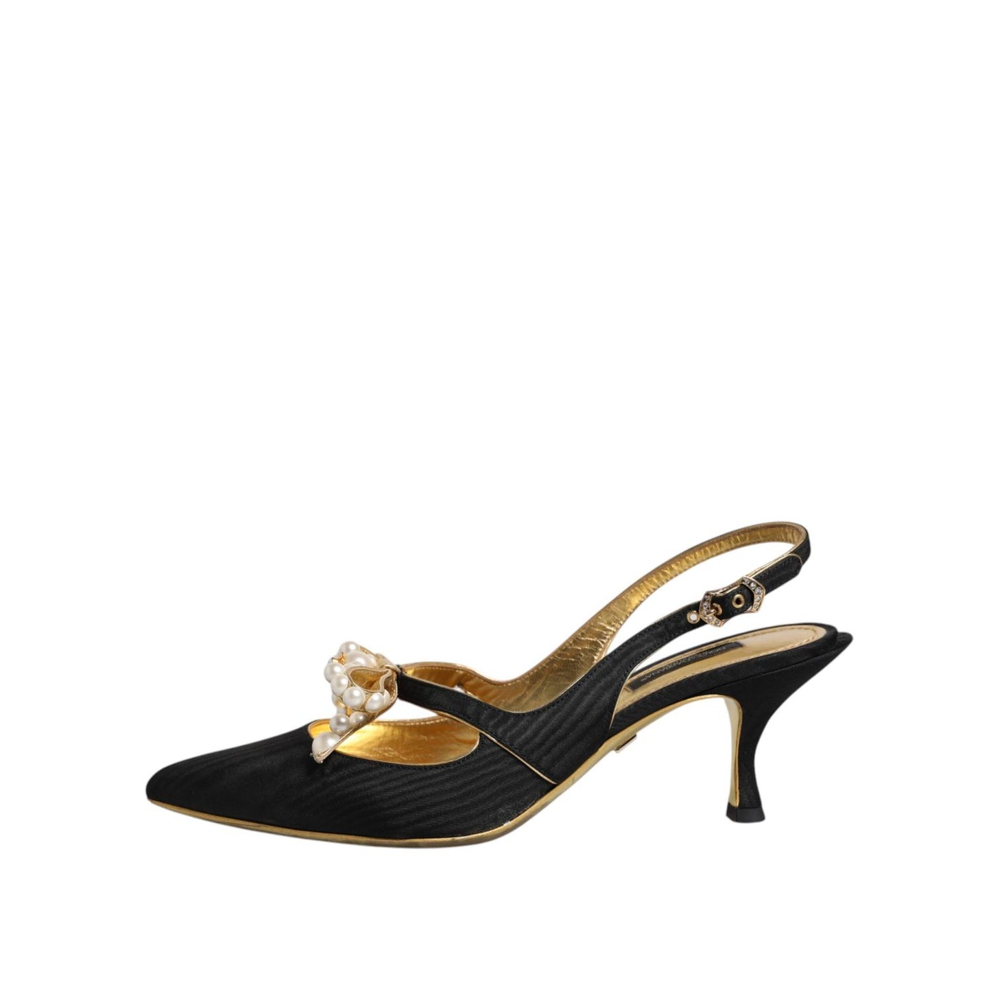 Dolce & Gabbana Black Leather Faux Pearls Slingbacks Shoes