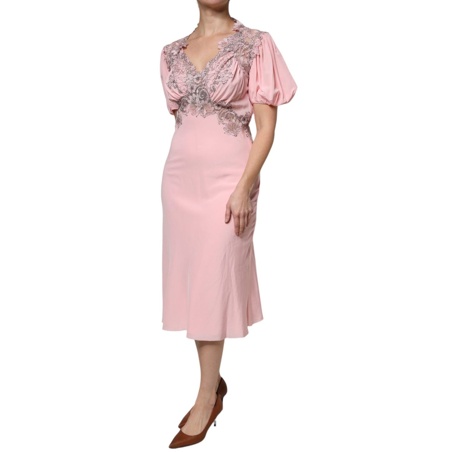 Ermanno Scervino Pink Floral Lace Short Sleeves V-neck Midi Dress