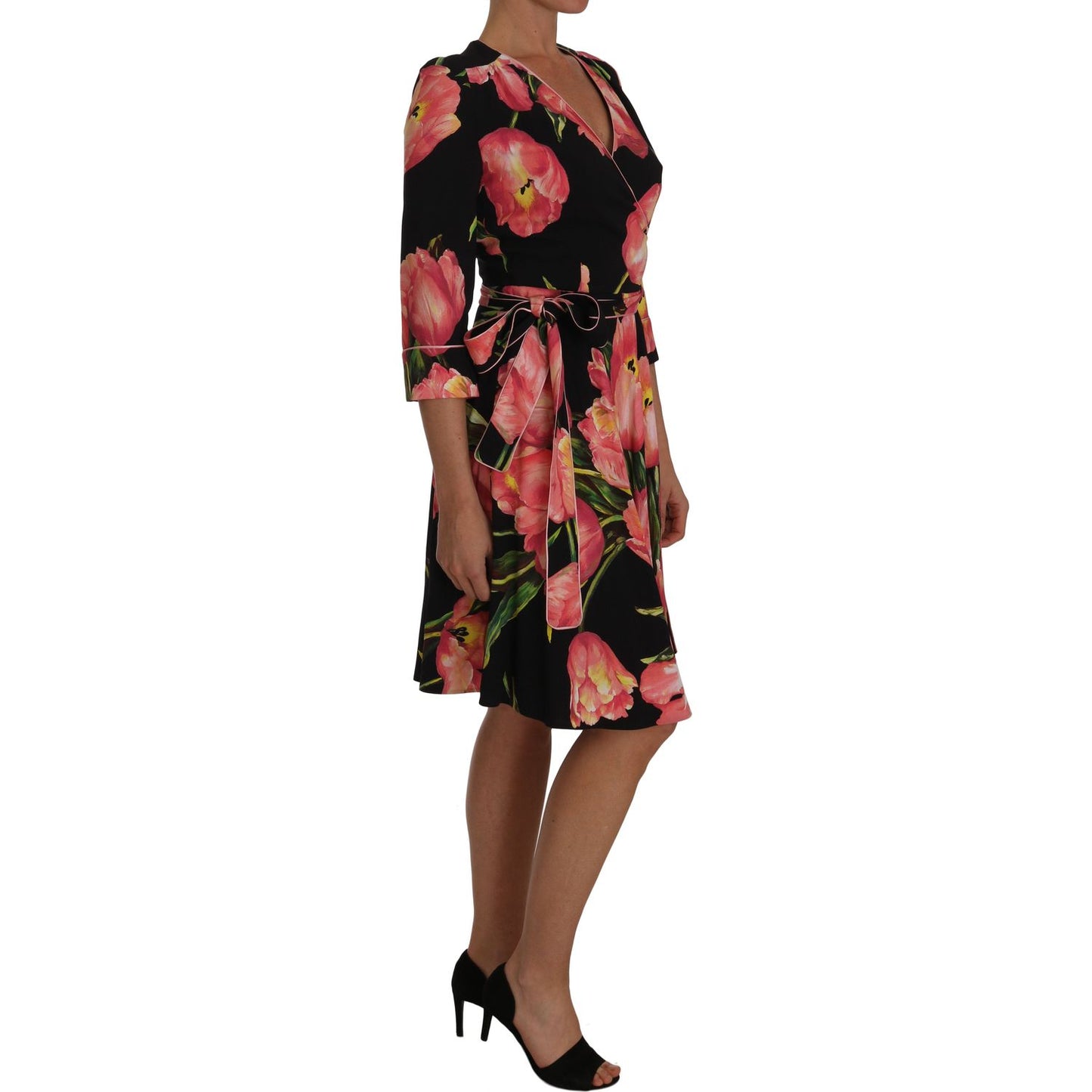 Dolce & Gabbana Black Pink Tulip Print Stretch Shift Dress