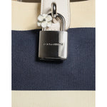 Dolce & Gabbana White Navy Striped Canvas Top Handle Tote Bag