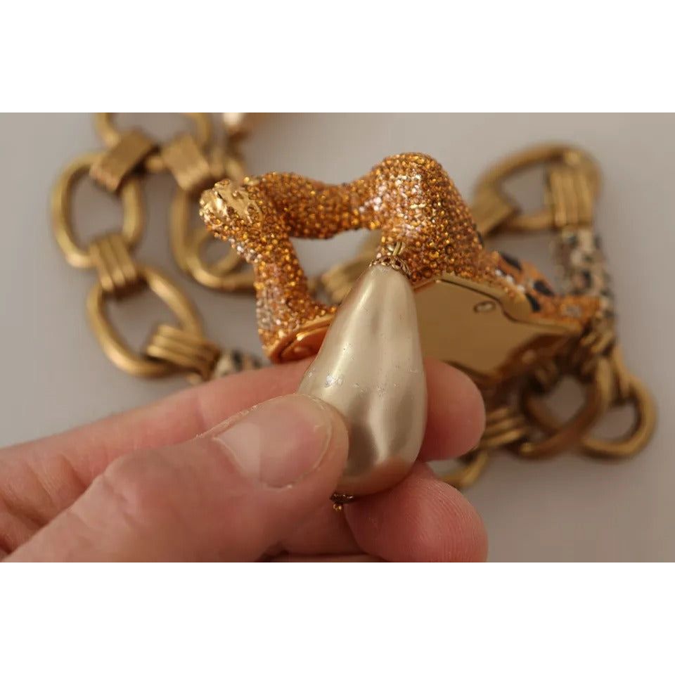 Dolce & Gabbana Gold Brass Chain Crystal Pearl Leopard Pendant Necklace