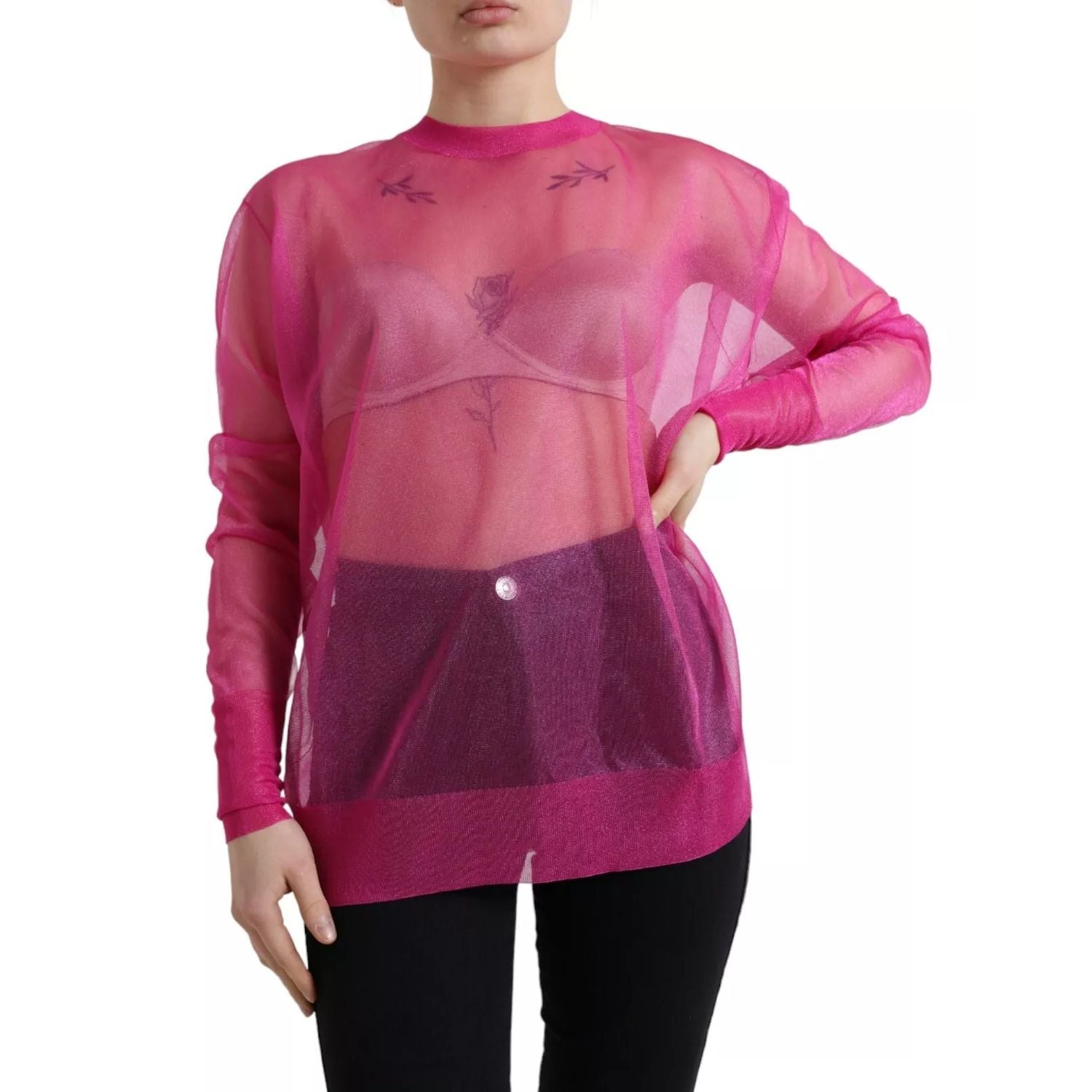 Dolce & Gabbana Pink Sheer Long Sleeves Crewneck Top Blouse