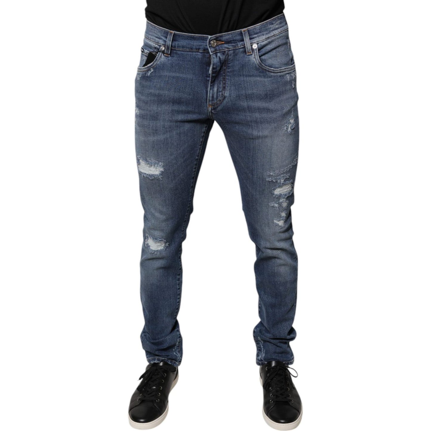 Dolce & Gabbana Blue Tattered Cotton Stretch Skinny Denim Jeans