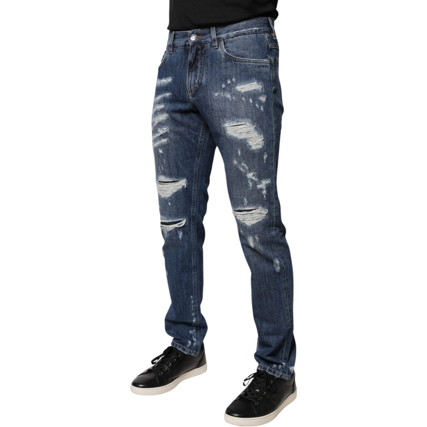 Dolce & Gabbana Blue Cotton Tattered Skinny Denim Jeans