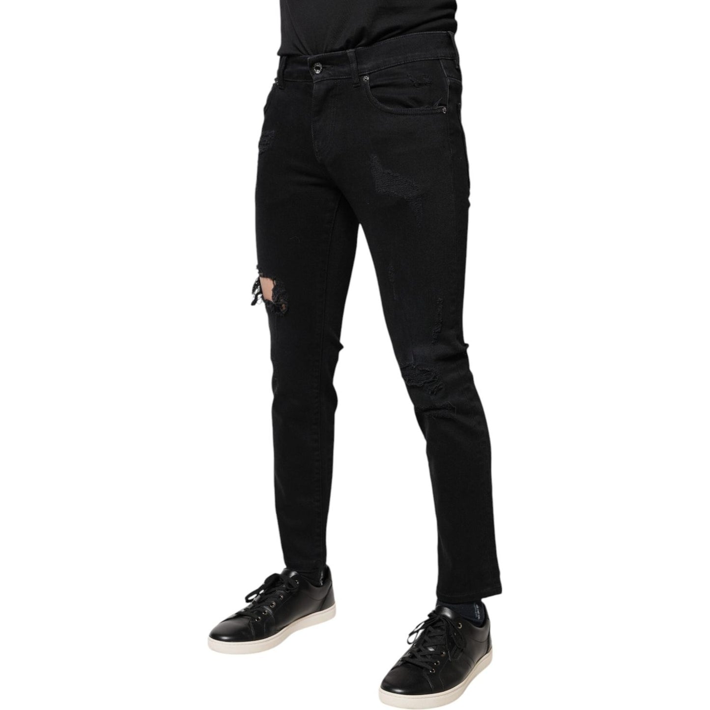 Dolce & Gabbana Black Cotton Tattered Skinny Denim Logo Jeans