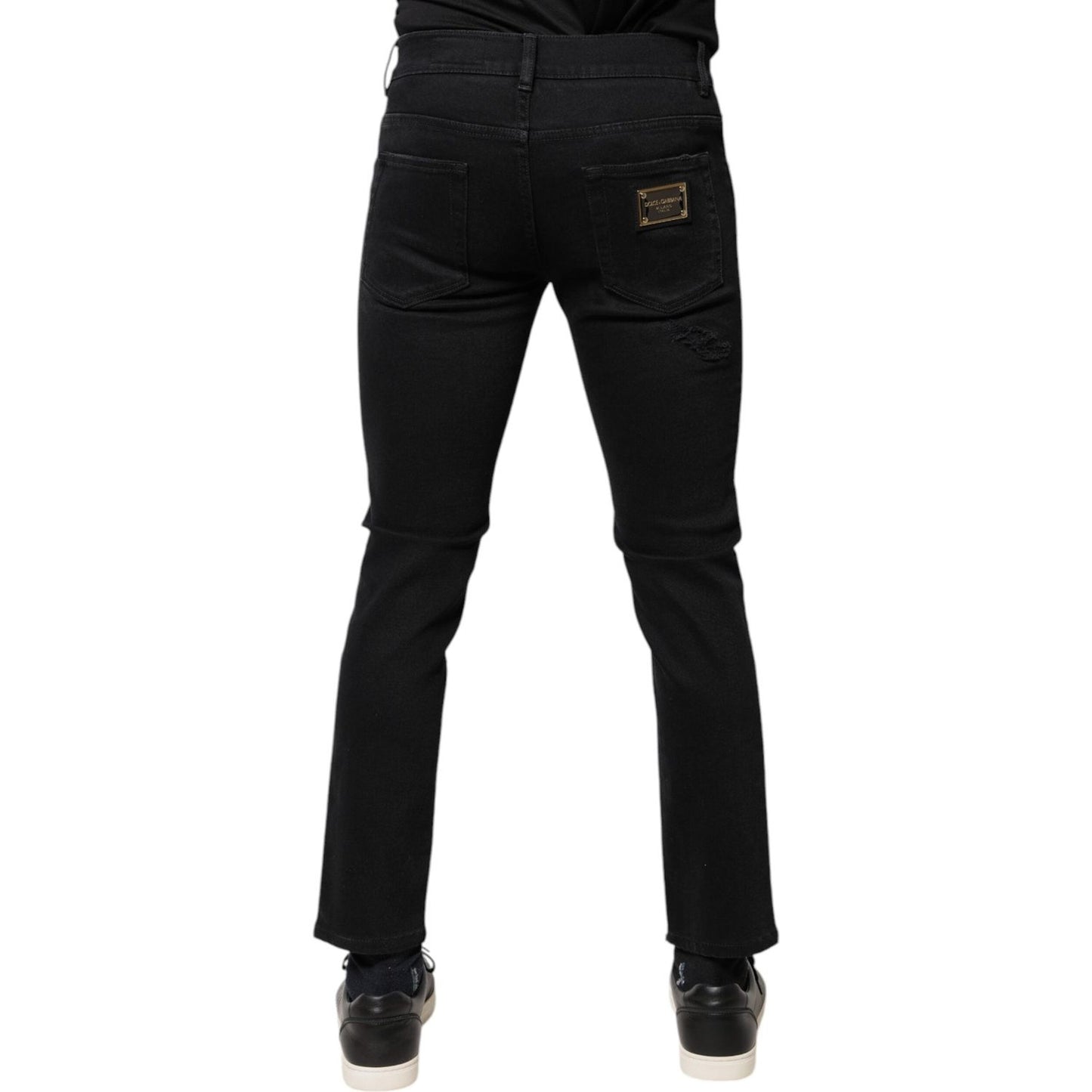 Dolce & Gabbana Black Cotton Tattered Skinny Denim Logo Jeans