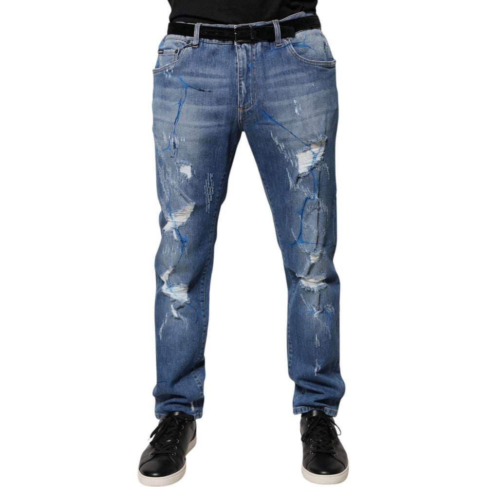Dolce & Gabbana Blue Cotton Stretch Tattered Skinny Denim Jeans